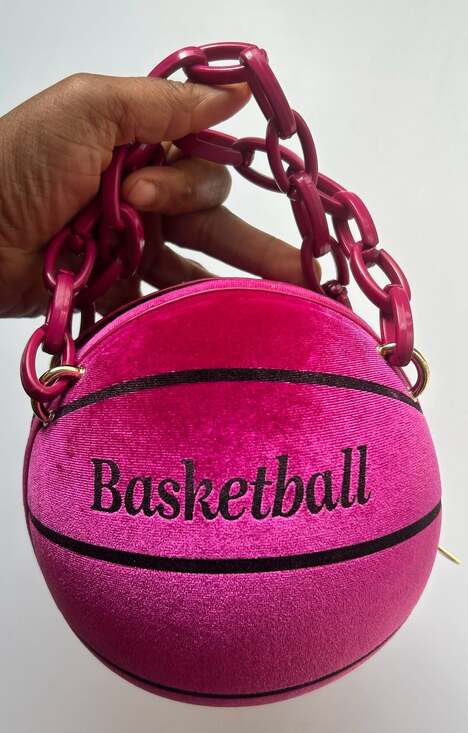 Hot Pink Velvet Basketball Shape Hand Bag with Pink Chain - Picture 7 of 7